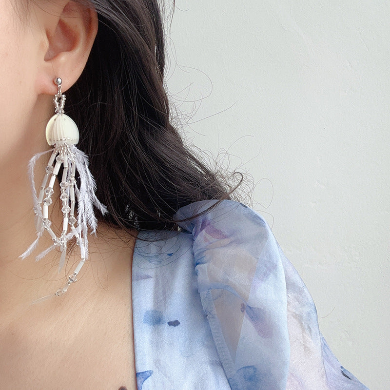 Fairy Jellyfish Feather Tassel Ear Changeable Fashion Atmosphere Stud Earrings