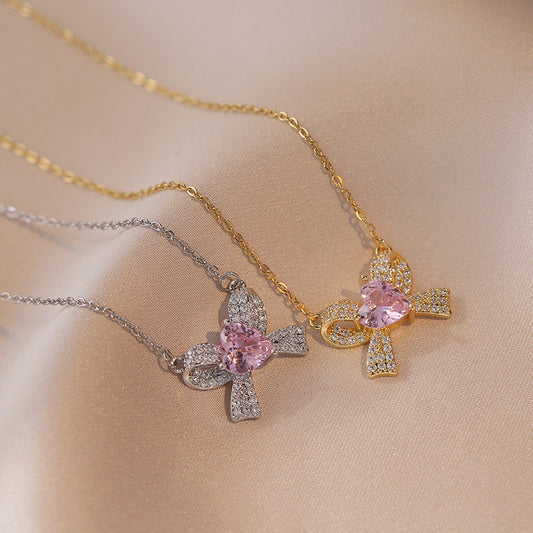 Female With Hearts Zircon Bow Special Interest Light Luxury Necklaces