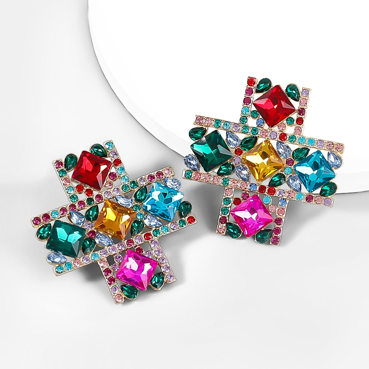 Alloy Diamond Rhinestone Glass Drill Cross Earrings