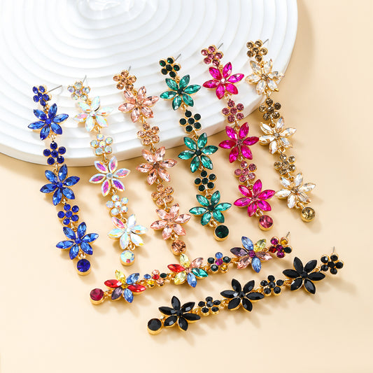 Women's Stylish Colored Diamond Flower Elegant Alloy Earrings