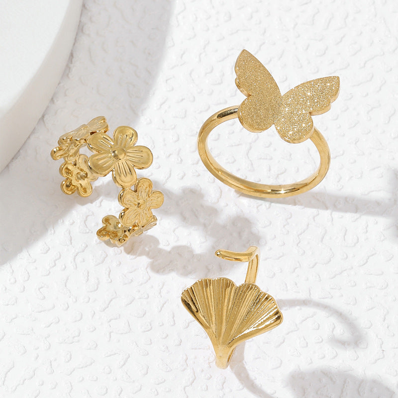 Dreidimensionale Ginkgo-Blumen-Schmetterlingsringe mit Stahlornament für Damen