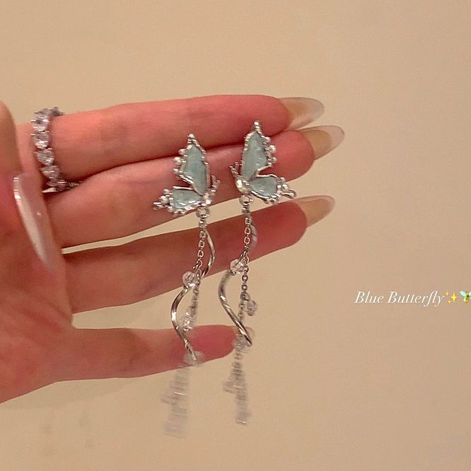 Women's Unique Butterfly Pearl Tassel Long Light Luxury Minority Stud Earrings