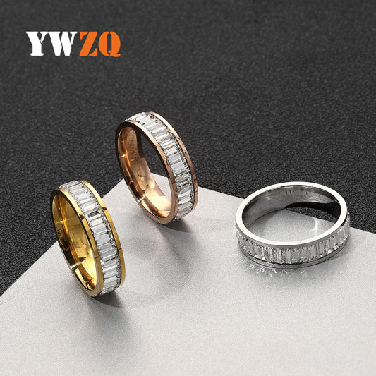 Steel Rectangular Zircon Titanium Diamond Couple Rings