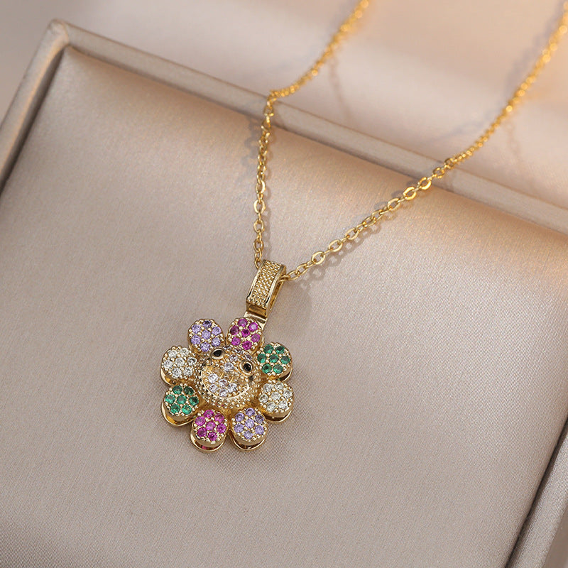Female Sunflower Color Diamond Rotatable Petals Necklaces