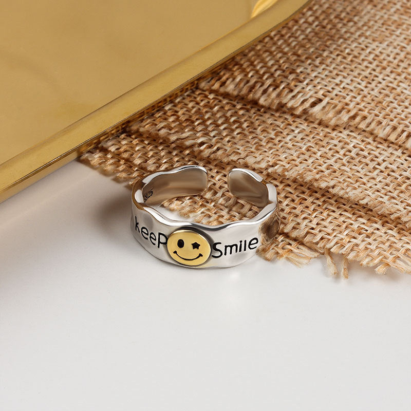Retro Distressed Smiley Face Smile Letter Personality Rings