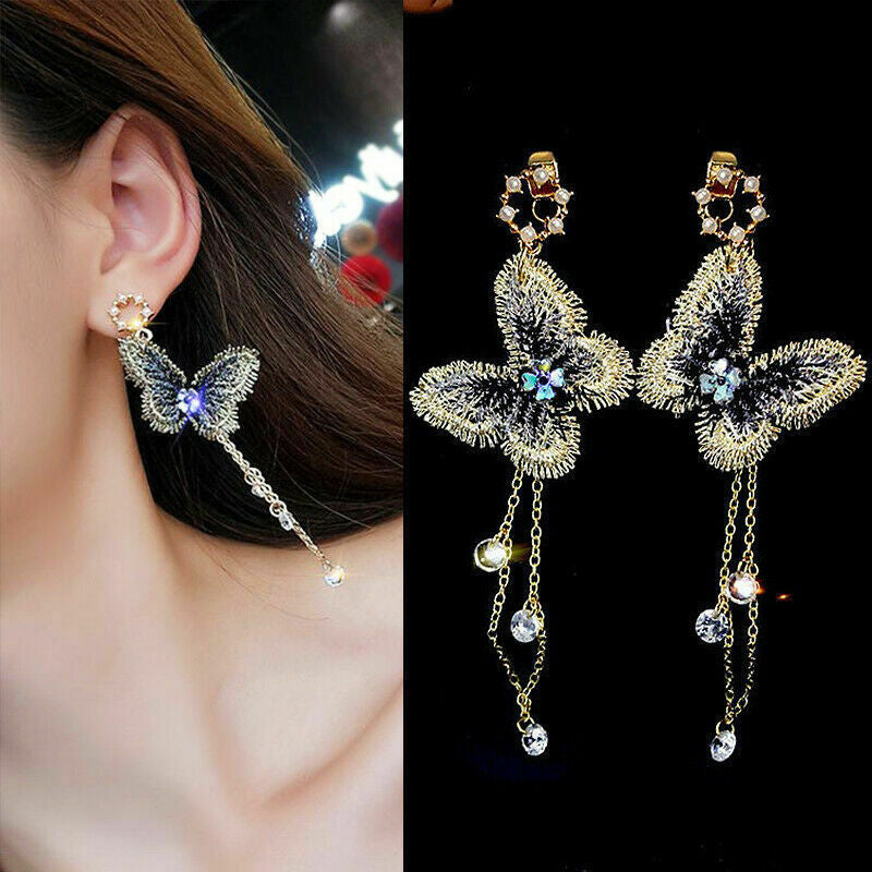 Women's Trendy Butterfly Crystal Pearl Elegant Moving Tassel Fashion Rings