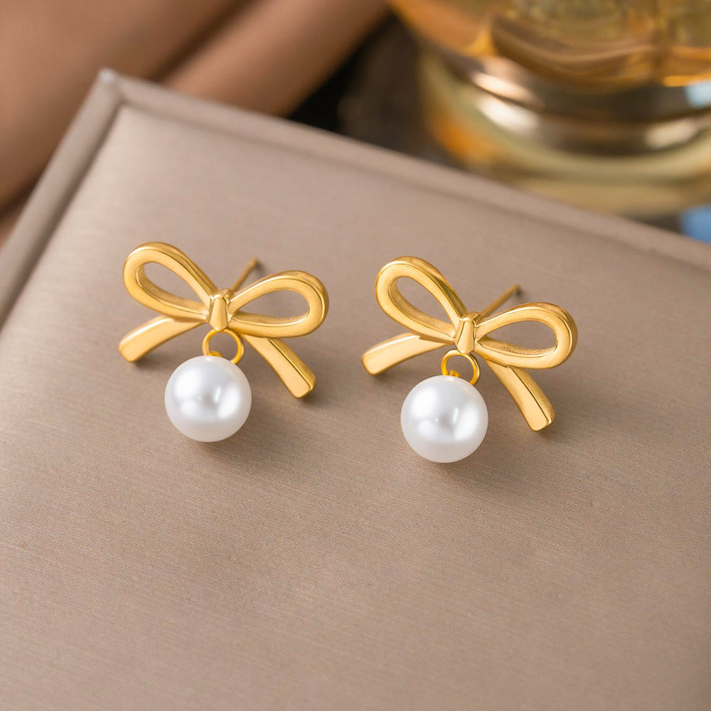 Women's Fashion Stainless Steel Bow Pearl Indian Earrings