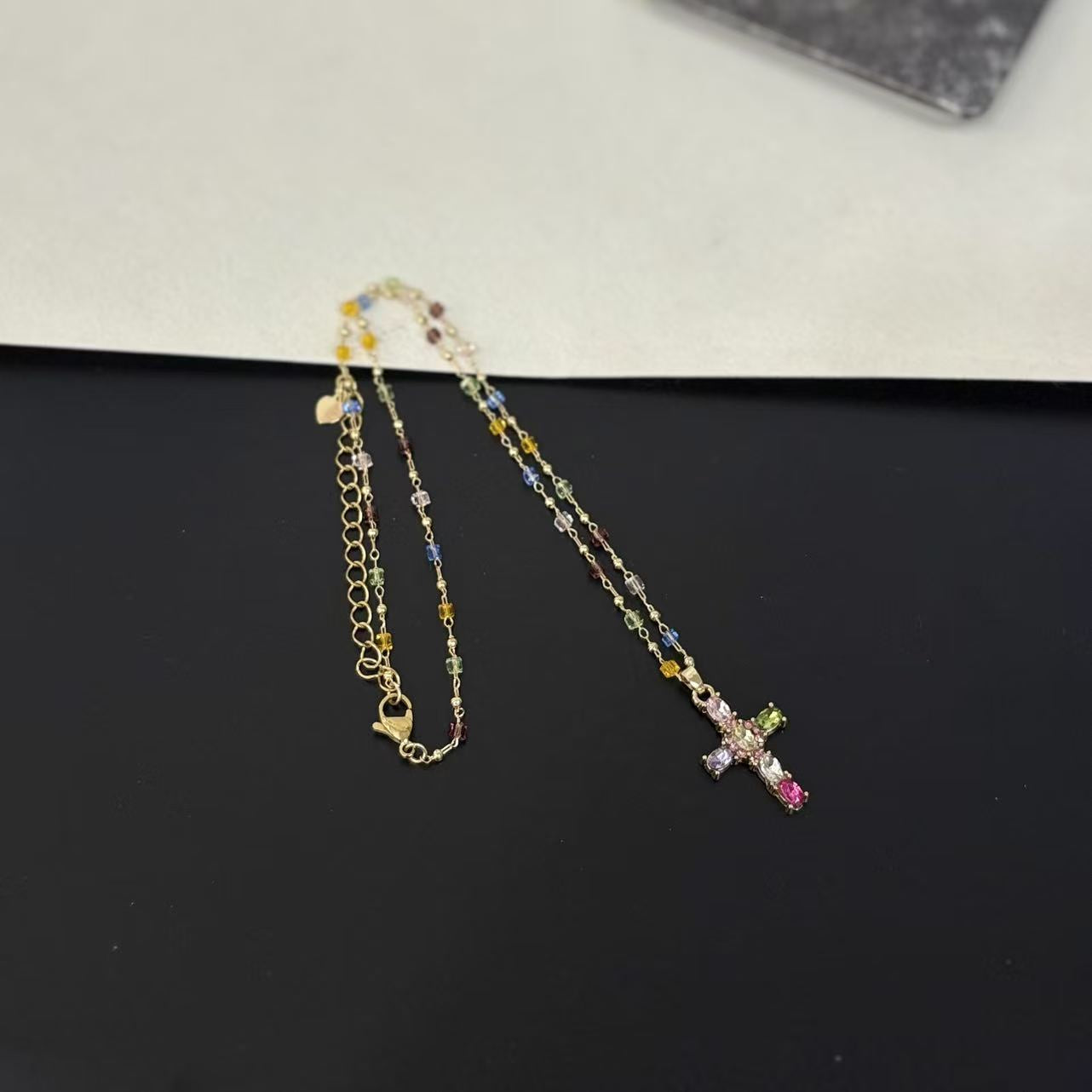 Dopamine Color Beaded Zircon Cross Trendy Retro Sweet Cool Style Necklaces