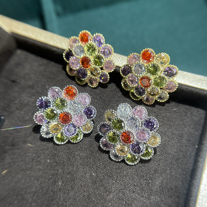 Women's Elegant Colorful Zircon Flower Sier Pin Simple Earrings