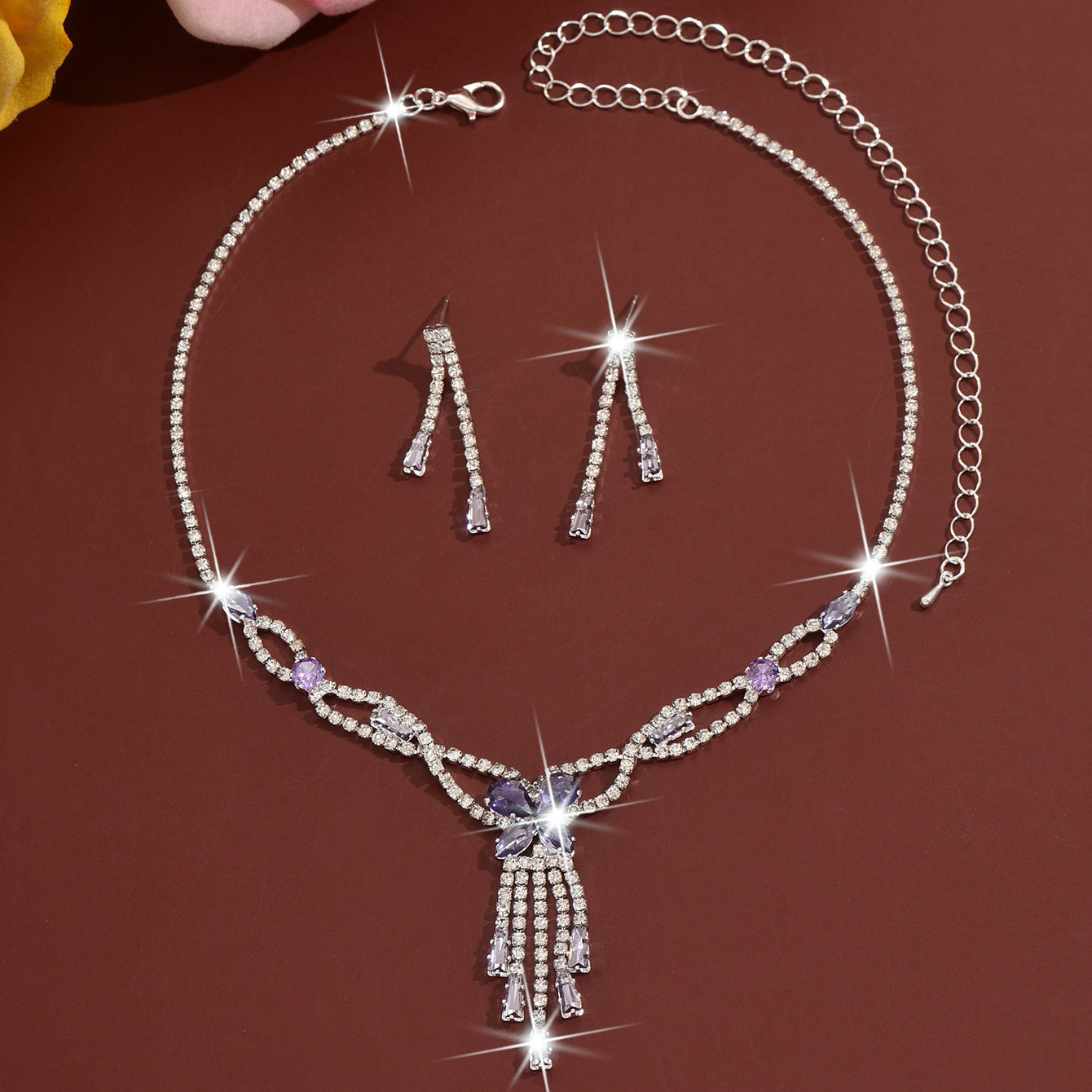 French Sweet Rhinestone Flower Bridal Wedding Fashion High Sense Copper Jewelry Set