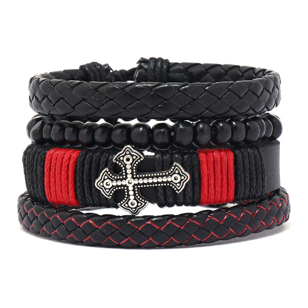 Combinaison de bijoux à main en cuir, bracelets en acier inoxydable