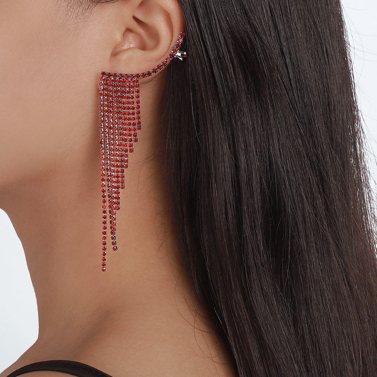 Tassel Rhinestone Auricular Needle Geometric Banquet Earrings