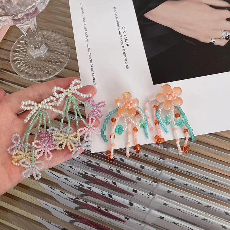 Women's Summer Contrast Color Flower Tassel Beaded Niche Earrings