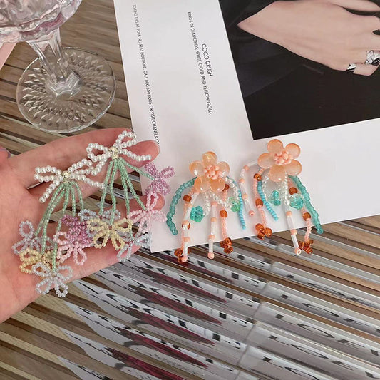 Women's Summer Contrast Color Flower Tassel Beaded Niche Earrings