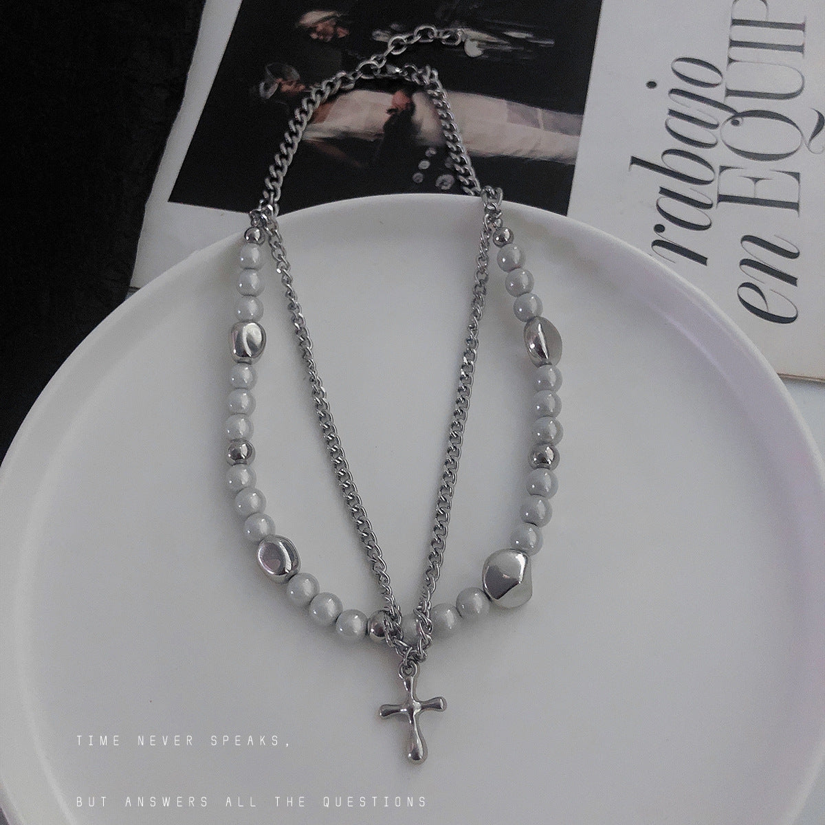 Pendentif croix femme réfléchissant perle couture Double couche colliers hauts