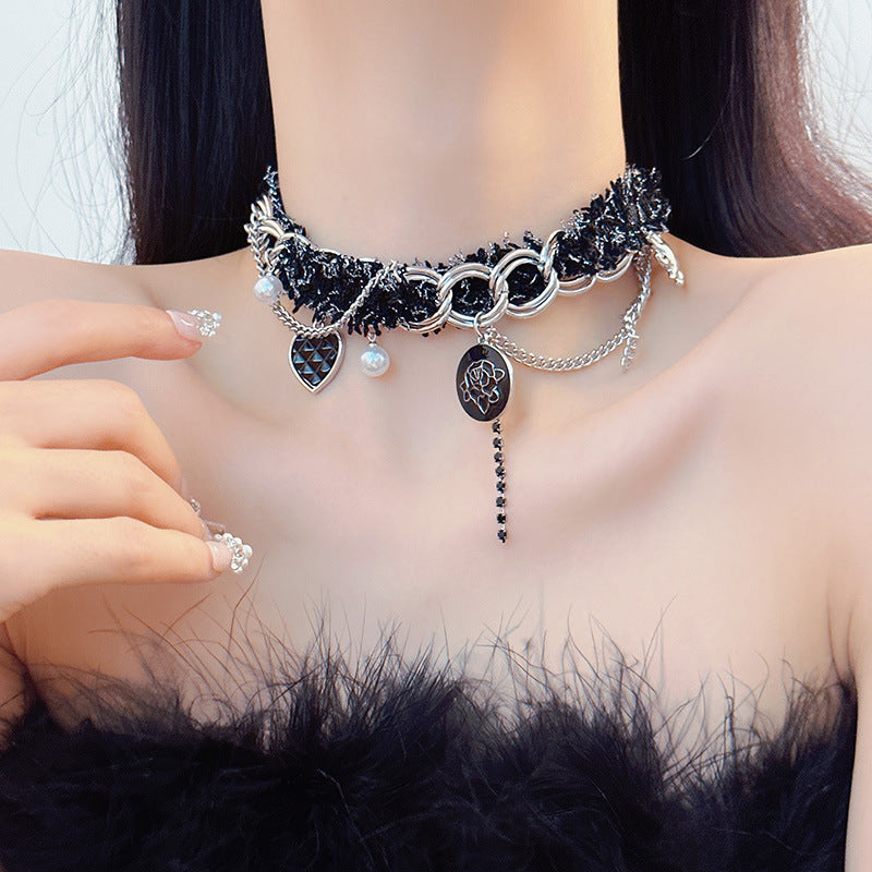 Rose Button Stitching Chain Collar Plush Necklaces