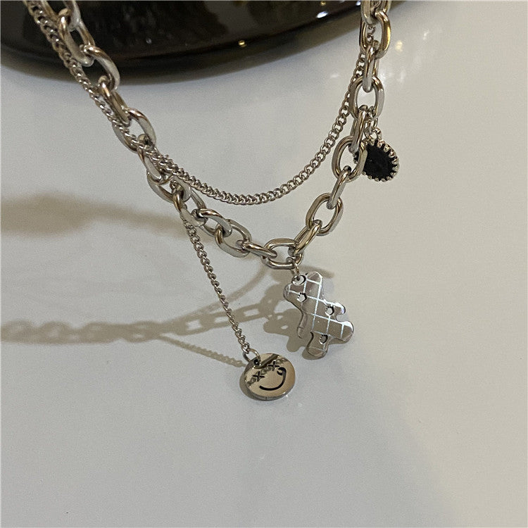 Titanium Steel Female Hip Hop Double Wall Cute Bear Necklaces