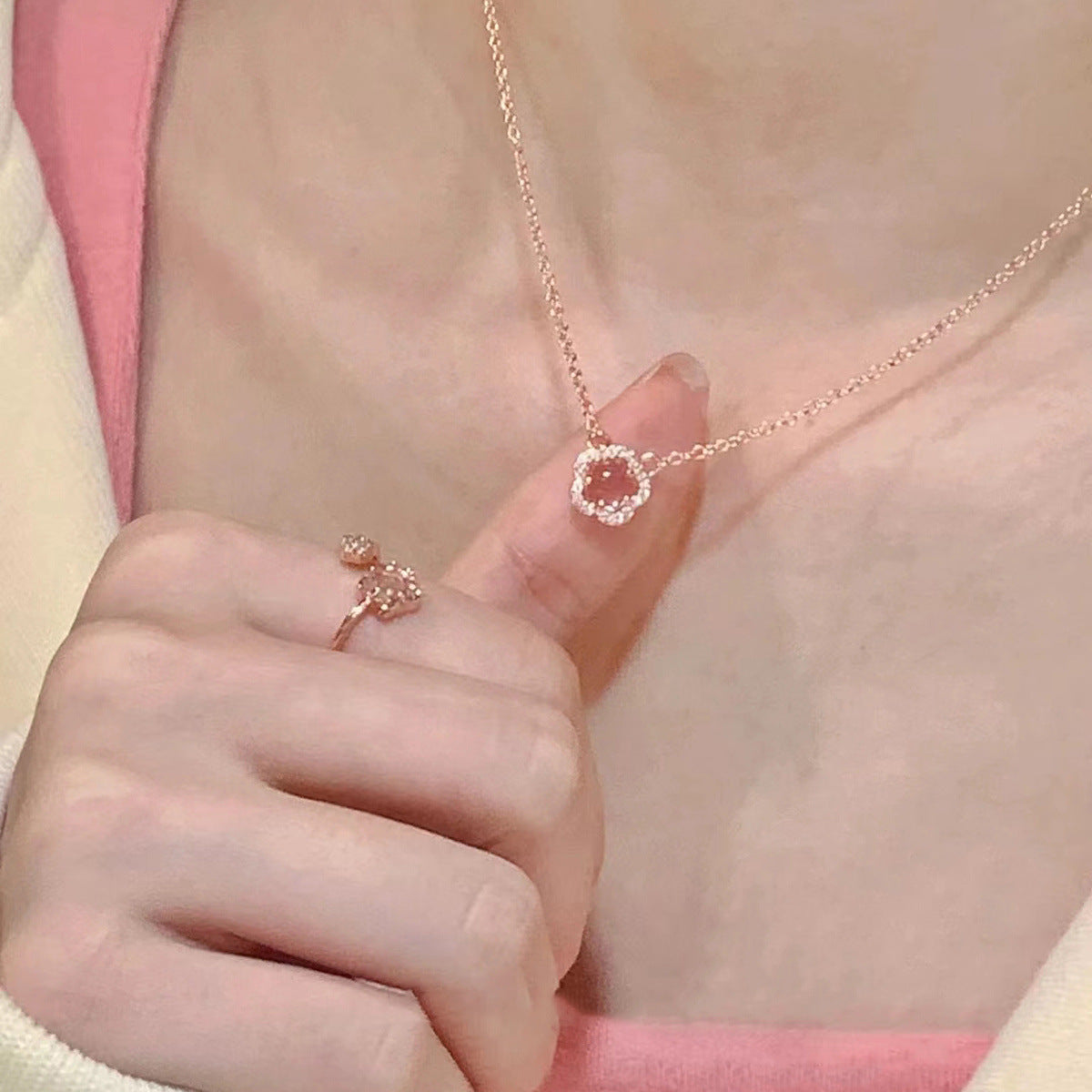 Fresh Sweet Girlish Style Sterling Sier Pink Crystal Necklaces