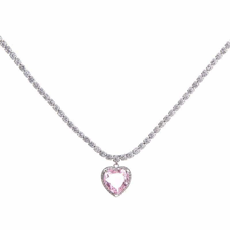 Women's Light Luxury Pink Heart Sweet Three-dimensional Loving Zircon Heart-shaped Rhinestone Necklace