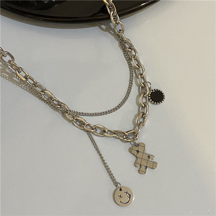 Titanium Steel Female Hip Hop Double Wall Cute Bear Necklaces