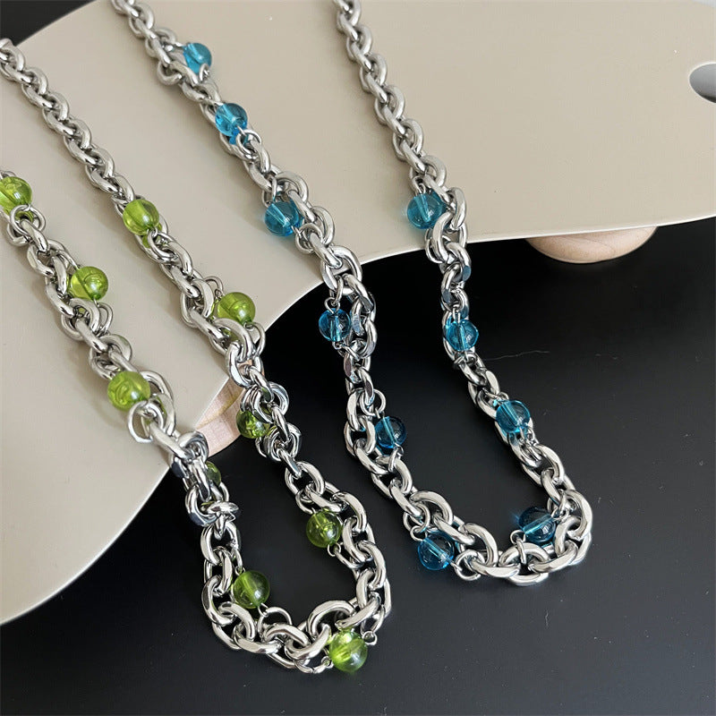 Steel Blue Green Beads Hip Hop Punk Temperamental Minority Necklaces