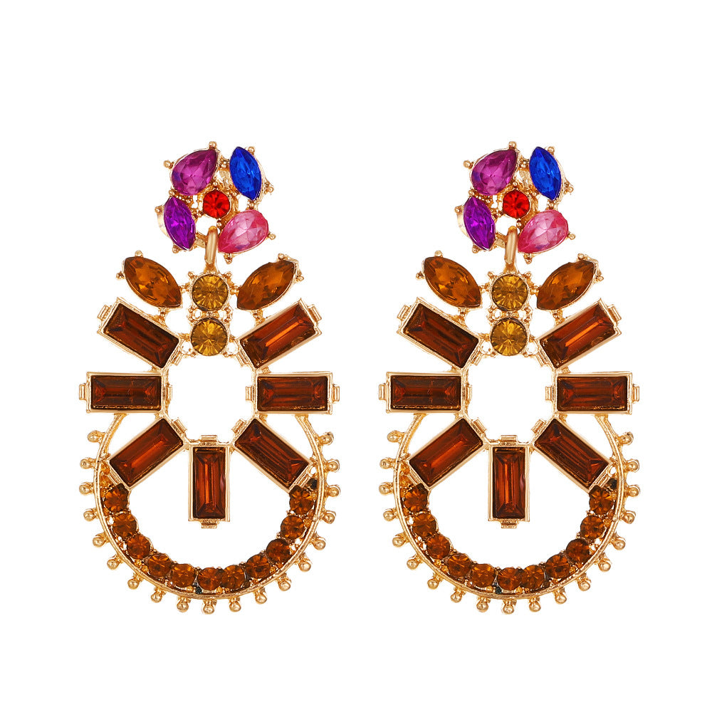 Elegant Alloy Inlaid Colorful Rhinestone Geometric Exaggerated Earrings