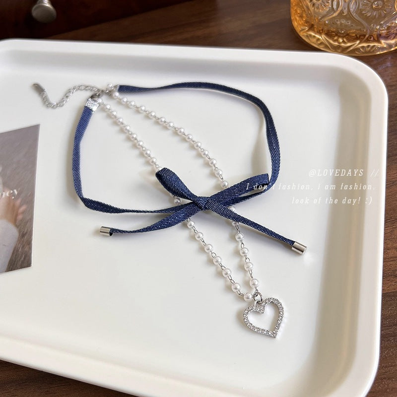 Women's Love Heart Bow Tie Denim Double Layer Pure Necklaces