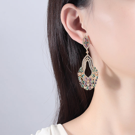 Exaggerated Female Copper Studded With Zircon Earrings