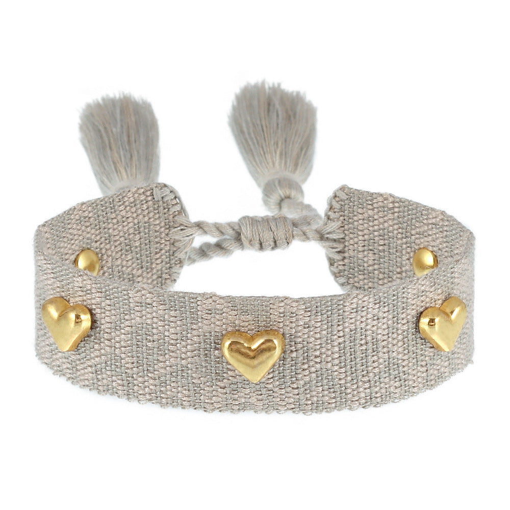Couple Golden Heart-shaped Carrying Strap Hand-woven Tassel Bracelets