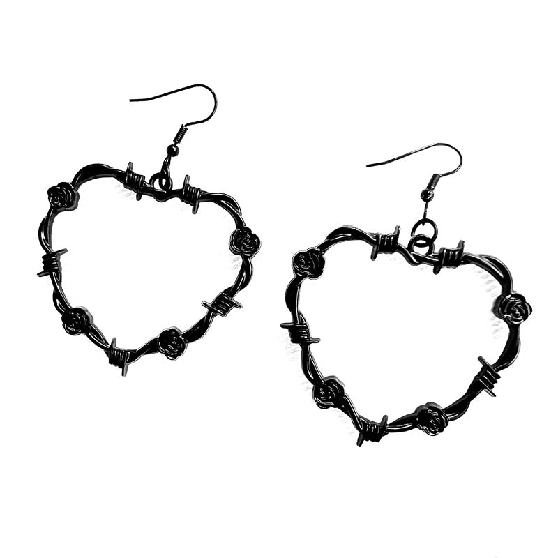 Fashion Black Barbed Wire Heart Gothic Earrings