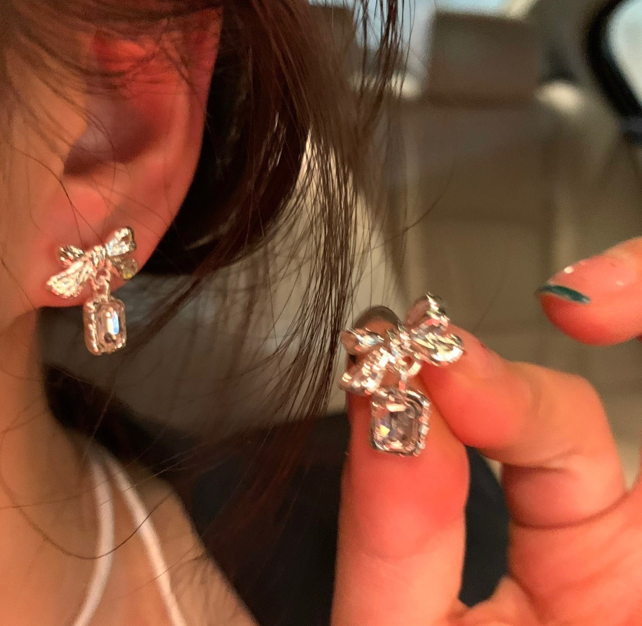 Times Bow Pink Diamond Auricular Needle Female Sterling Sier Light Stud Earrings