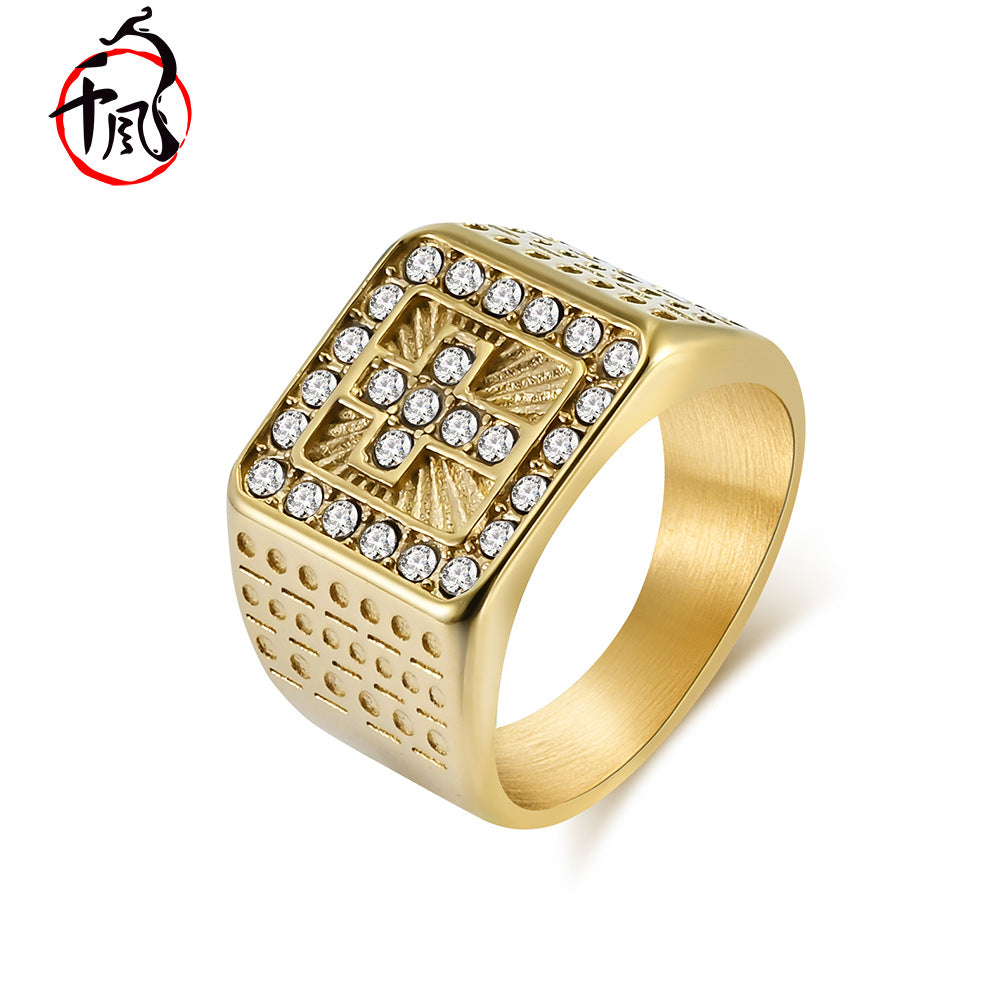 Titanium Steel Gold-plated Cross Full Diamond Rings