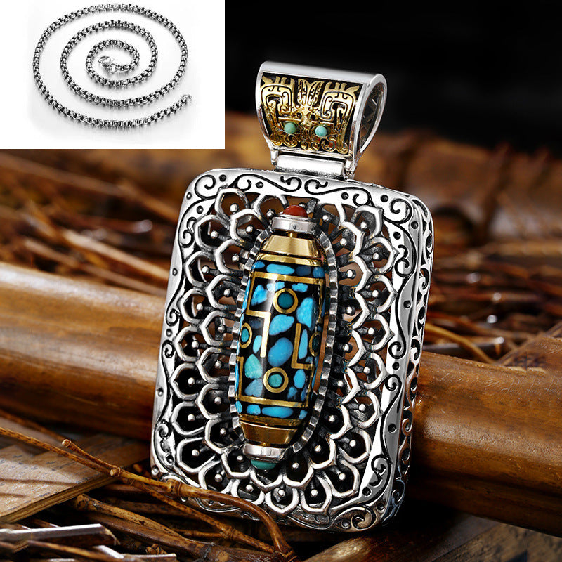 Damen & Herren & Dynasty Natürliche Türkis Rotierende Tibet Perlen Sterling Silber Anhänger Halsketten