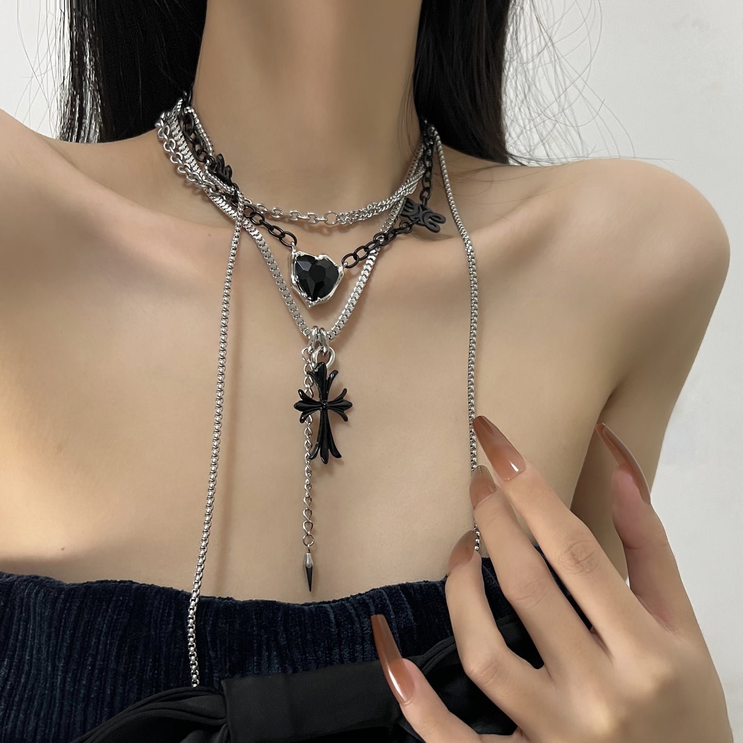 Cool Black Peach Heart Cross Double Layer Female Personality Necklaces
