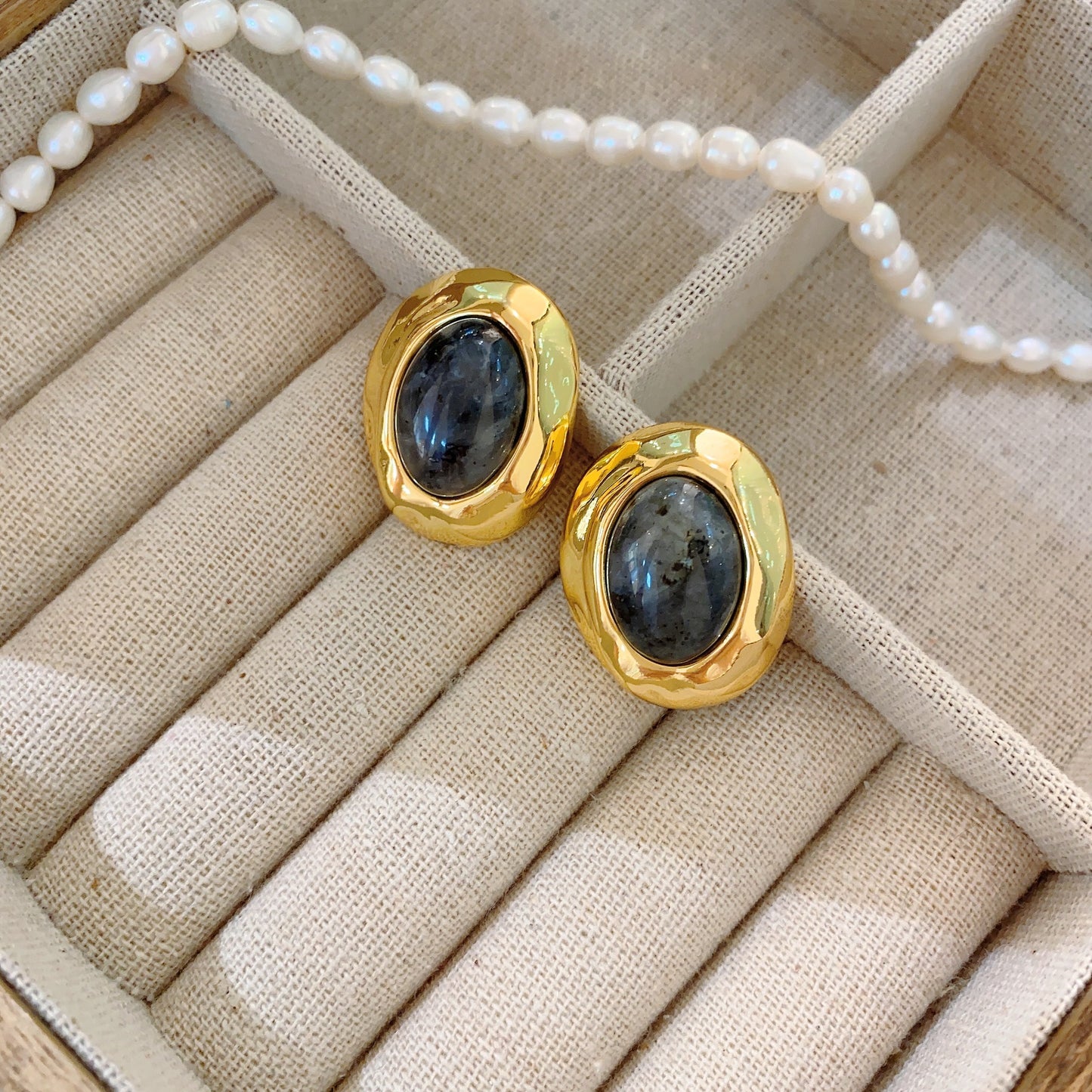 Boucles d'oreilles rétro en verre ovale doré pour femmes, Noble Sister