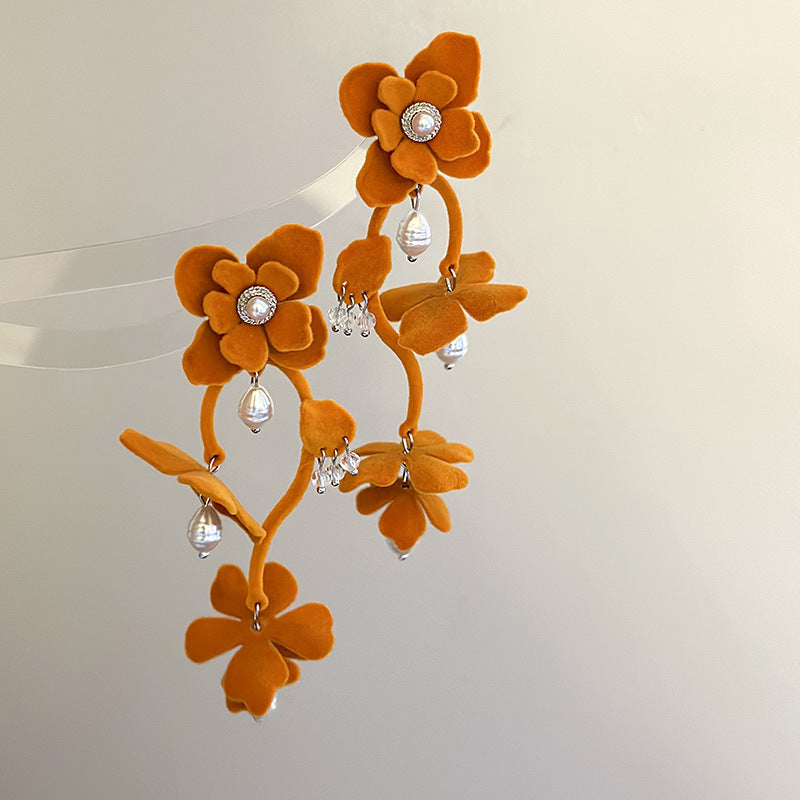 Fashionable Long Dopamine Flocking Flower Elegant Earrings