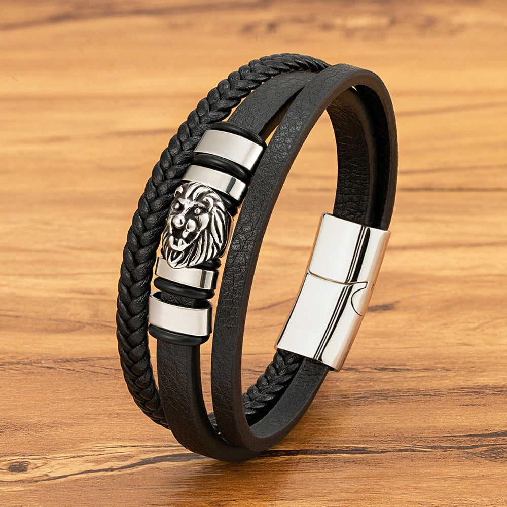 Men's Lion's Head Stainless Steel Authentic Leather Weave Bracelet