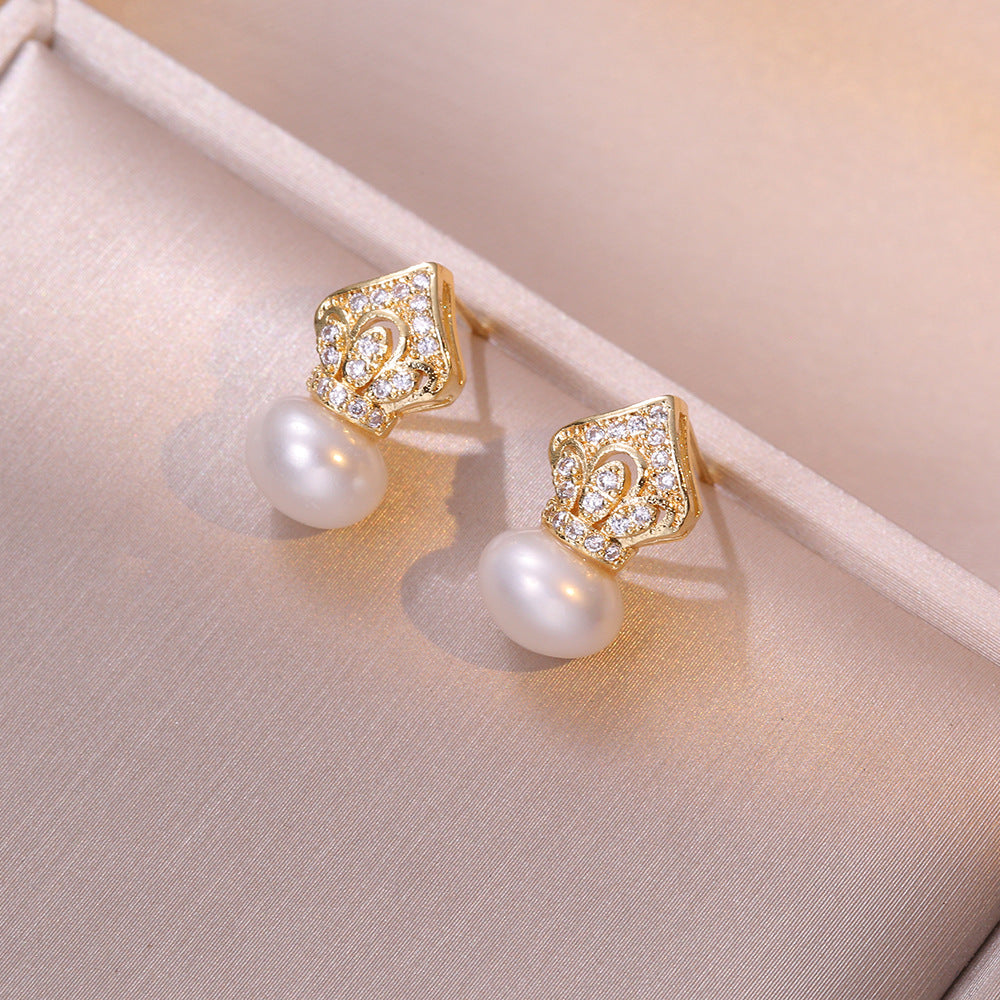 Sier Zircon Crown Freshwater Pearl Fashion Earrings