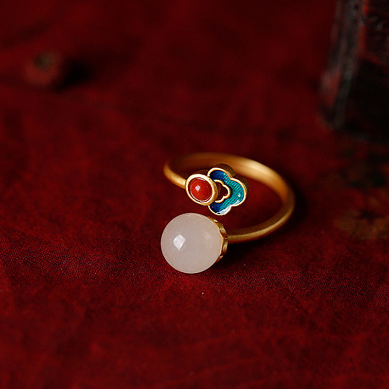 Vergoldete natürliche Jade-Emaille-Ringe für Damen im antiken Stil