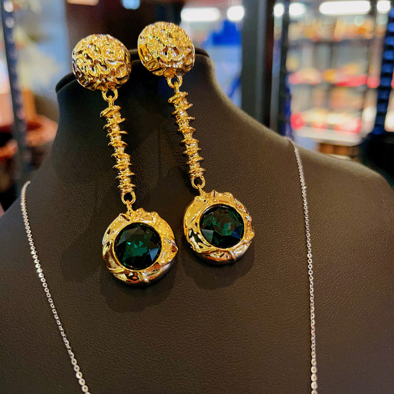 Gold Ancient Style Crystal Metal Wind Long Exaggerated Earrings