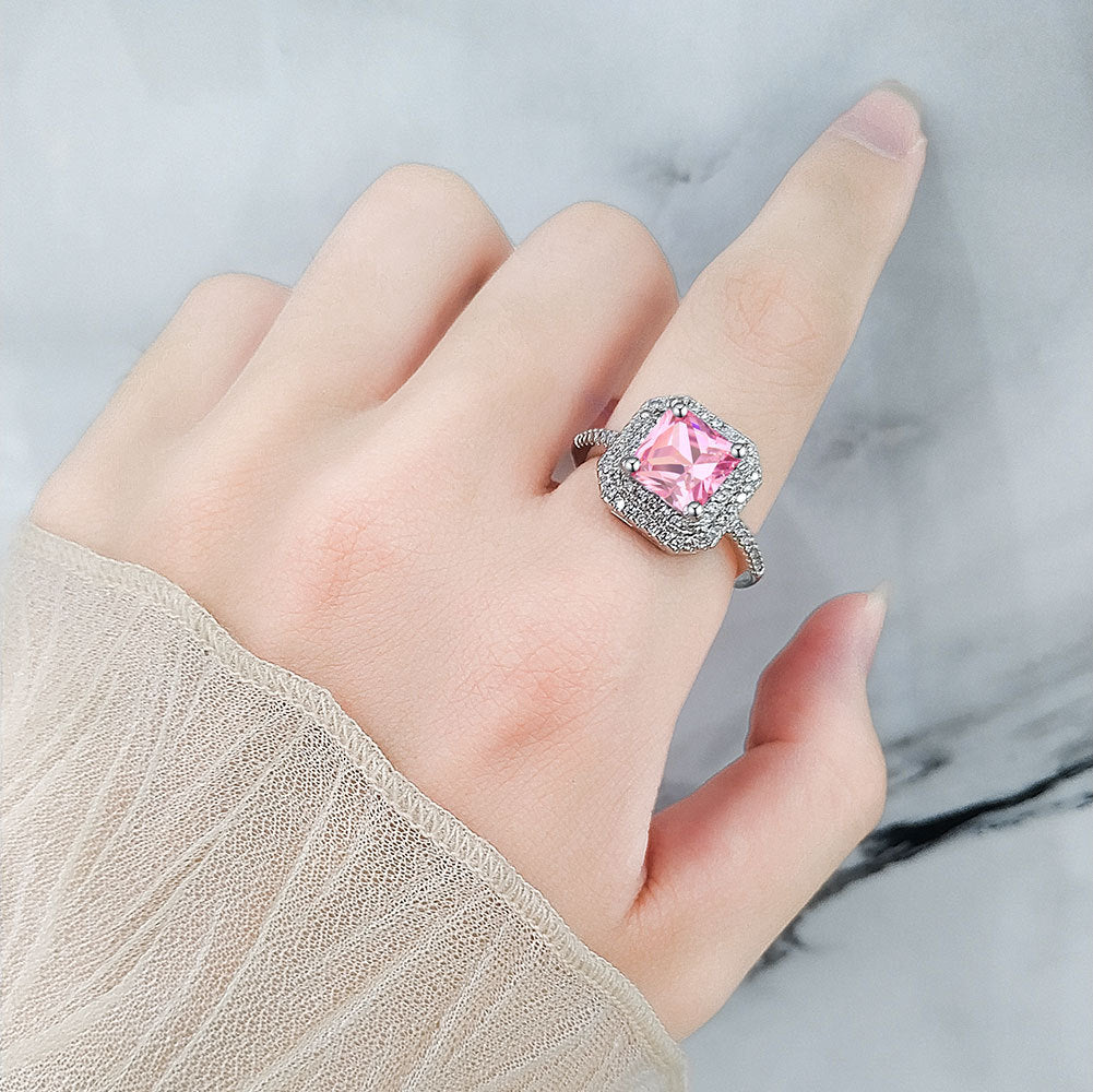 Women's Live Sier-plated Pink Color Simulation Diamond Rings
