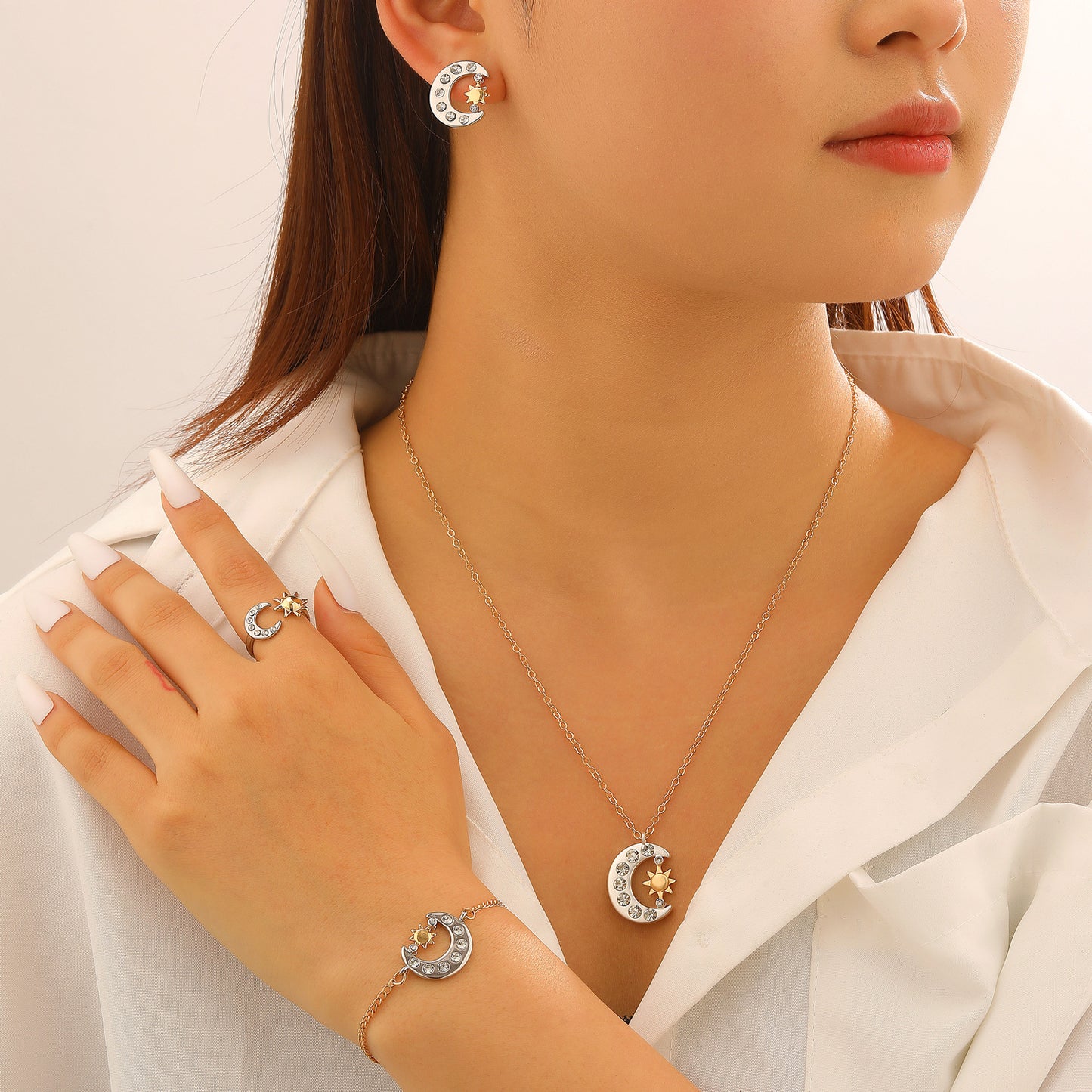 Copper Inlaid Zircon Sun Moon Female Jewelry Set