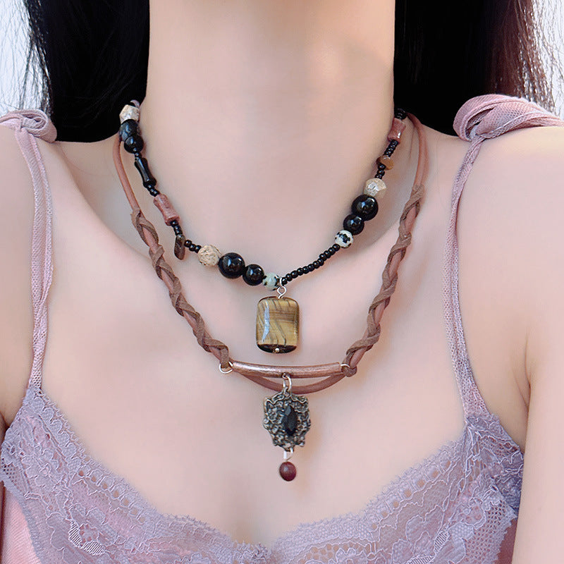 Chaîne de clavicule perlée en œil de tigre naturel, colliers anciens féminins