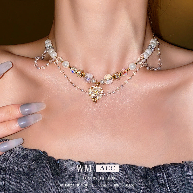 Colliers carrés en cristal pour femmes, perles d'amour, mode minoritaire