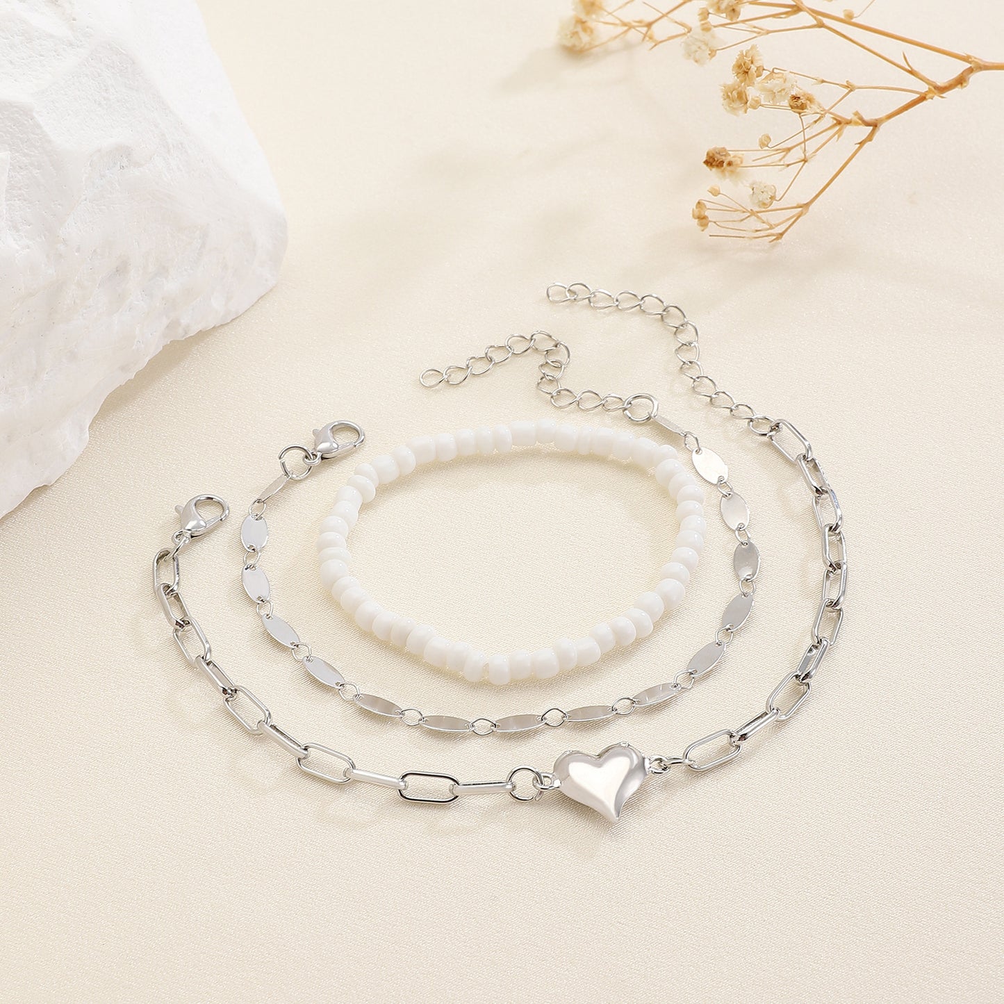 Damen-Armbänder mit Doppelherz, anmutiger Persönlichkeit, runden Perlen