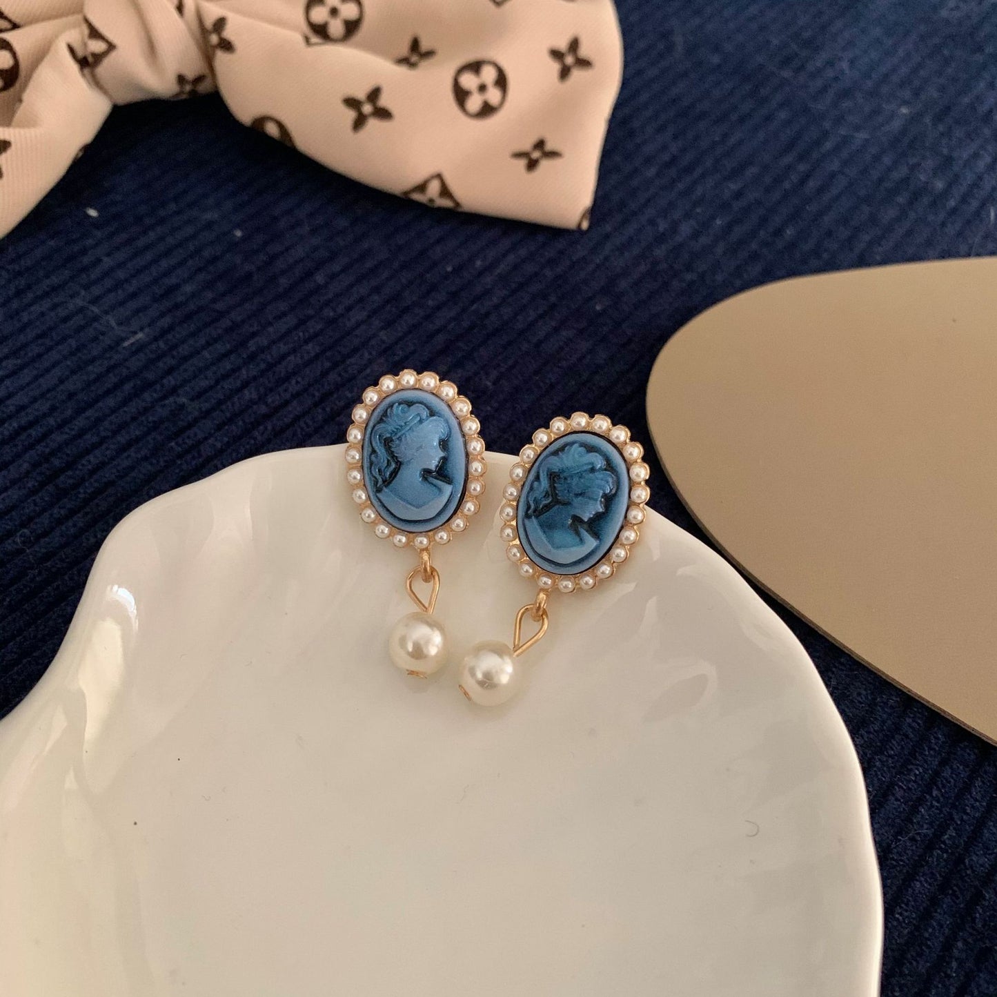 Vintage Blue Portrait Pearl Baroque Court Earrings
