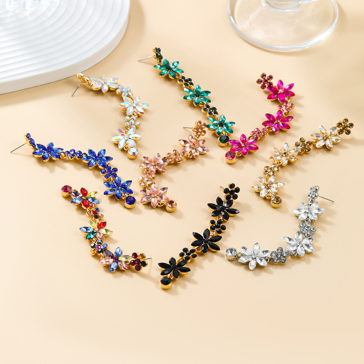 Women's Stylish Colored Diamond Flower Elegant Alloy Earrings