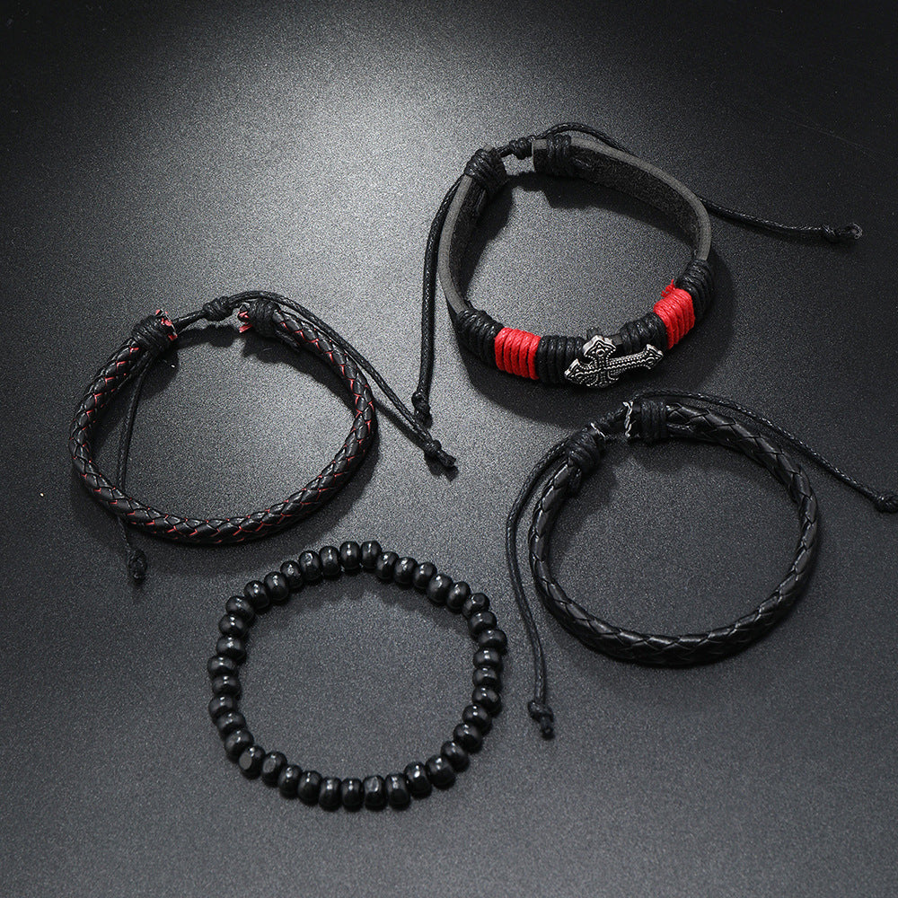 Combinaison de bijoux à main en cuir, bracelets en acier inoxydable