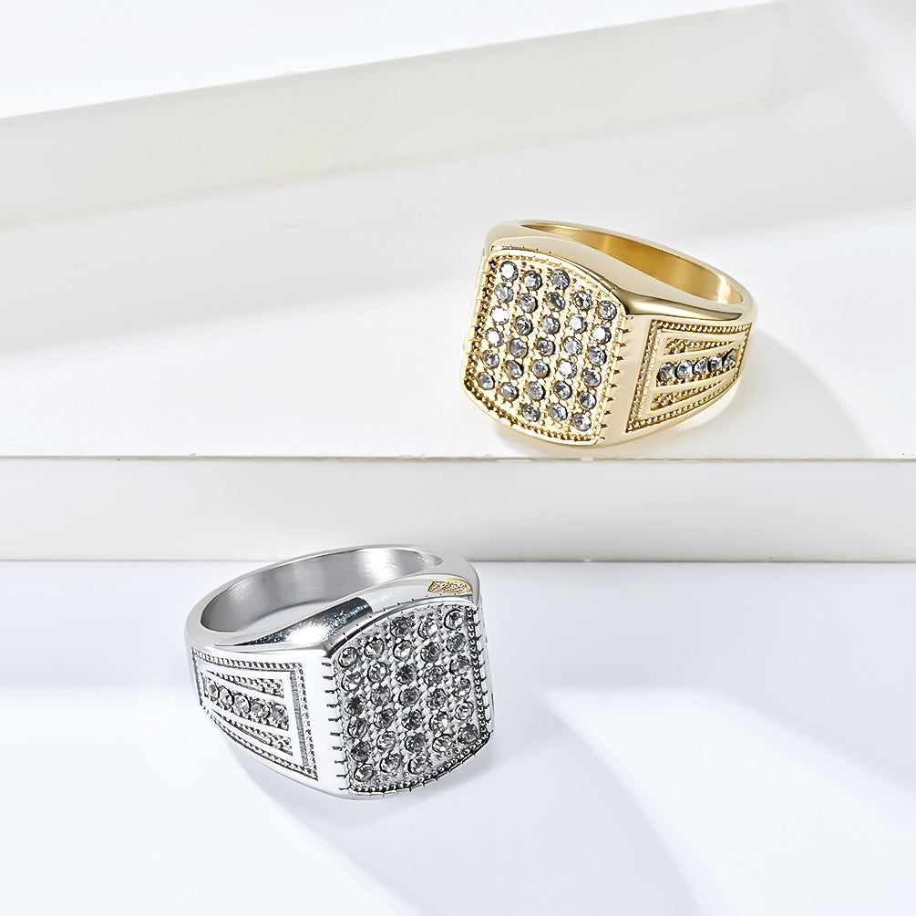 Men's Hip Hop Gold Diamond Titanium Steel Personality Rings