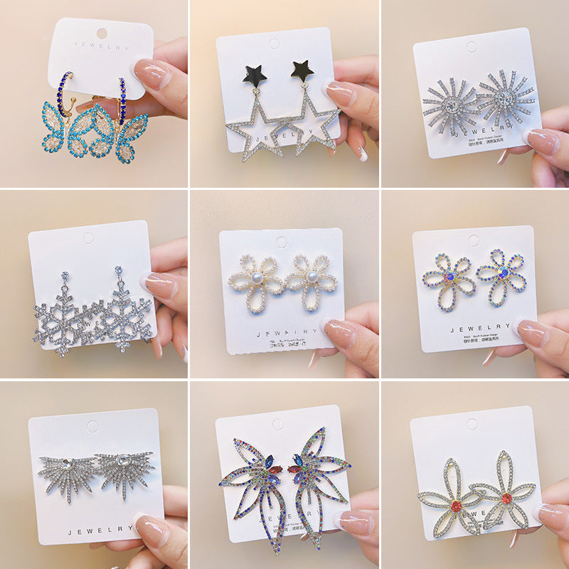 Metallic Fishbone Ear Sier Needle Star Flower Colorful Crystals Earrings